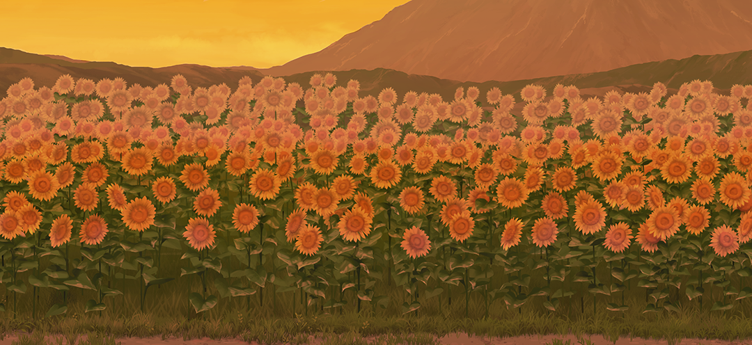 touhou, touhou gensou eclipse, game cg, non-web source, official art, field, flower, flower field, grass, hill, mountain, no humans, orange sky, outdoors, sky, sunflower, twilight, yellow flower