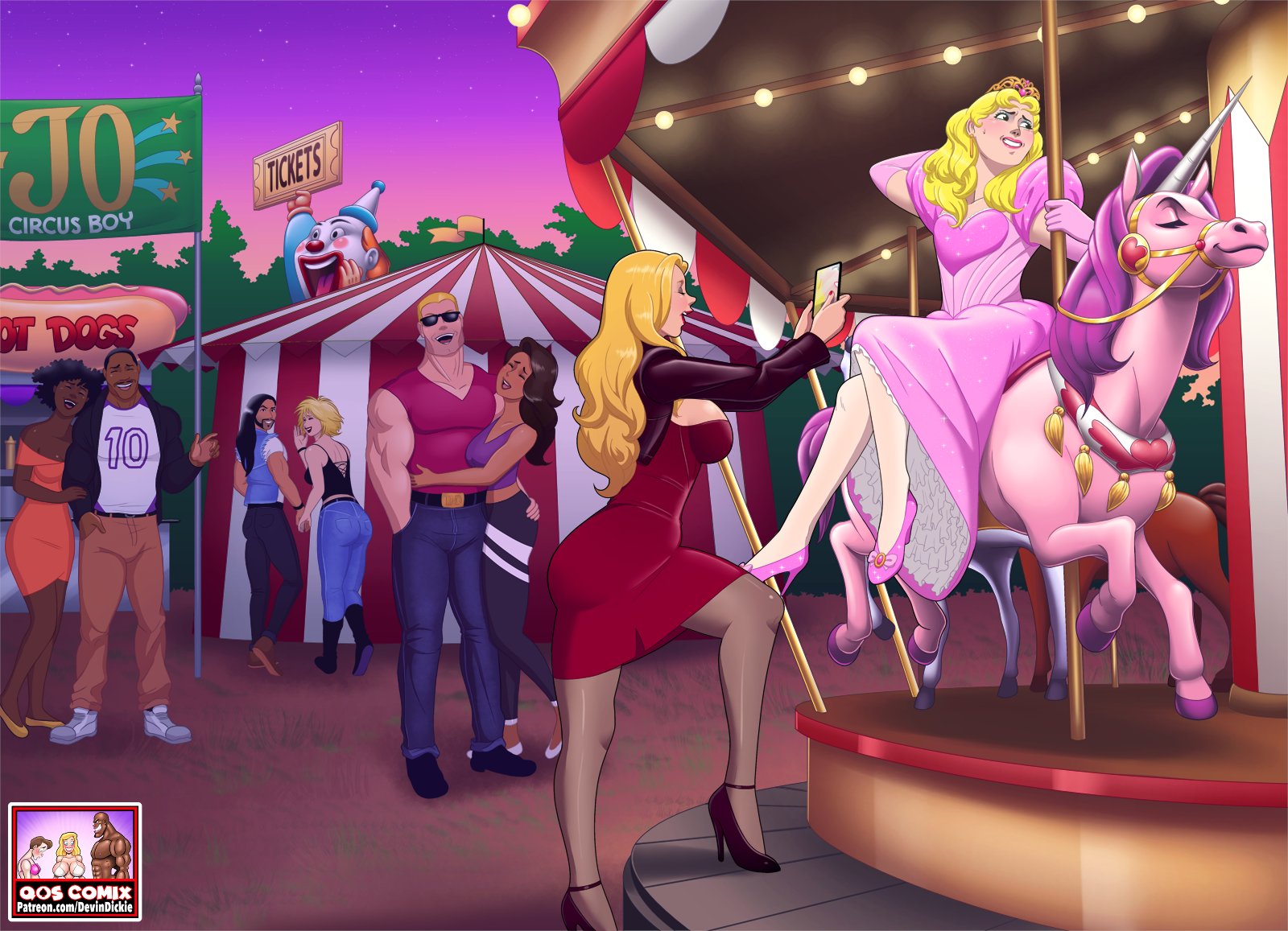 devin dickie, voloh, original, highres, 4boys, 4girls, artist logo, artist name, black hair, black jacket, blonde hair, blue pants, carousel, cellphone, cropped jacket, crossdressing, crossdressing (mtf), dark-skinned female, dark-skinned male, dark skin, denim, dress, femdom, high heels, holding, holding phone, jacket, jeans, laughing, logo, long hair, multiple boys, multiple girls, open clothes, open jacket, orange dress, pants, phone, pink dress, pink shoes, red dress, red shoes, shirt, shoes, short hair, sleeveless, sleeveless shirt, smartphone, sunset, tent, tiara, white shirt