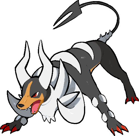 kawaanago, houndoom, mega houndoom, nintendo, pokemon, commentary request, lowres, animal focus, claws, fangs, forked tail, full body, gen 2 pokemon, horns, mega pokemon, no humans, open mouth, pokemon (creature), pokemon focus, red eyes, solo, tail, transparent background
