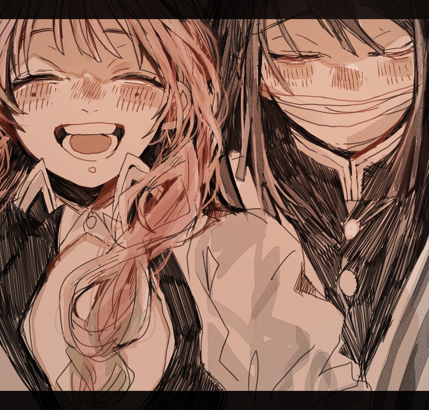 iguro obanai, kanroji mitsuri, kimetsu no yaiba, highres, 1boy, 1girl, bandages over mouth, black border, black hair, black jacket, blunt bangs, blunt ends, blush, border, closed eyes, demon slayer uniform, hair over shoulder, haori, jacket, japanese clothes, long hair, mole, mole under eye, open mouth, pink hair, smile, upper body, white haori, yakitorisan09
