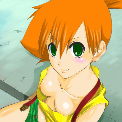 bule, misty (pokemon), nintendo, pokemon, 1girl, blush, breasts, downblouse, extended downblouse, female focus, green eyes, gym leader, nipple slip, nipples, no bra, orange hair, short shorts, shorts, smile, solo, suspenders