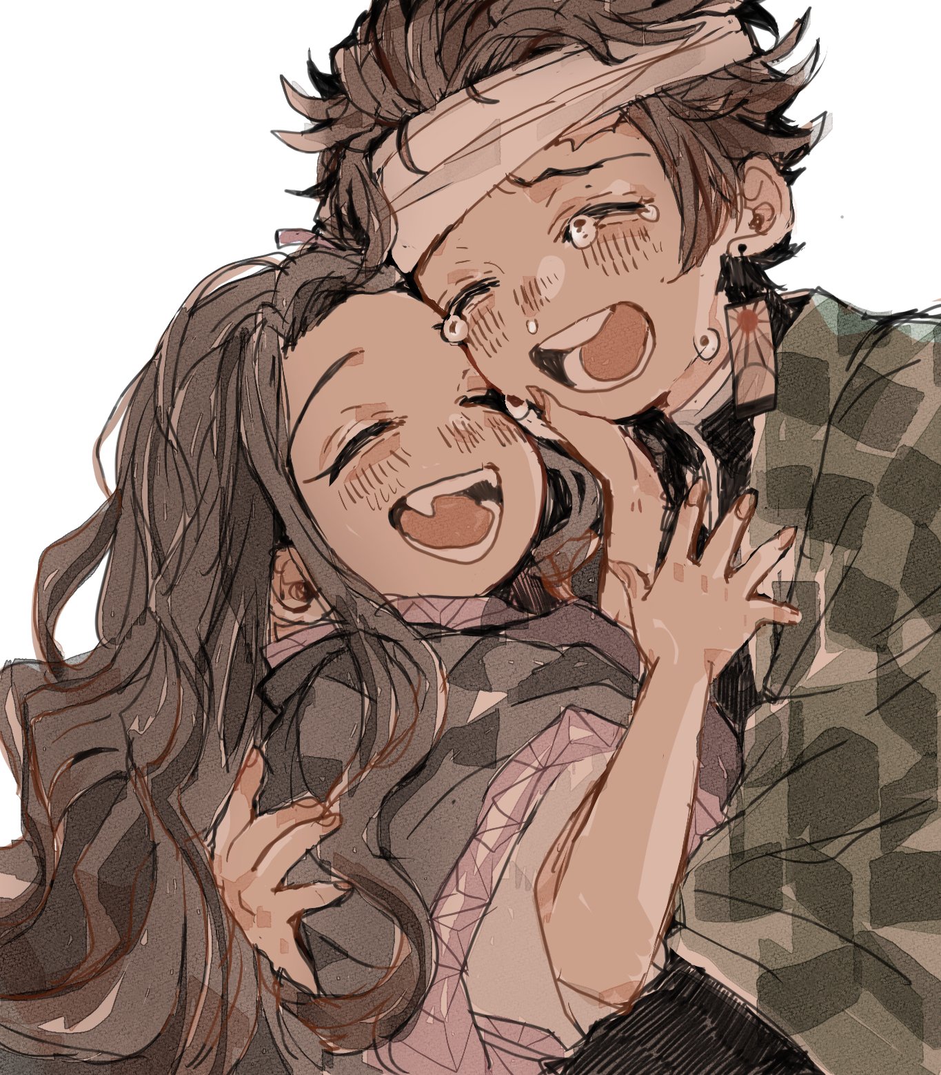 kamado nezuko, kamado tanjirou, kimetsu no yaiba, highres, 1boy, 1girl, bandaged head, bandages, black hair, black jacket, blush, brother and sister, brown hair, closed eyes, crying, earrings, fangs, hanafuda earrings, haori, happy tears, hug, jacket, japanese clothes, jewelry, kimono, long hair, open mouth, pink kimono, print haori, scar, scar on face, scar on forehead, short hair, siblings, smile, snot, tears, upper body, white background, yakitorisan09