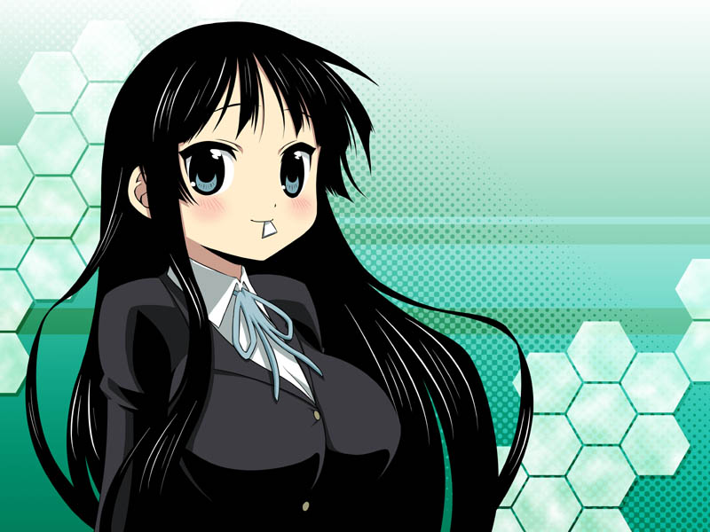 yuuki akira, akiyama mio, k-on!, 00s, 1girl, black eyes, black hair, breasts, female focus, large breasts, mouth hold, plectrum, school uniform, solo
