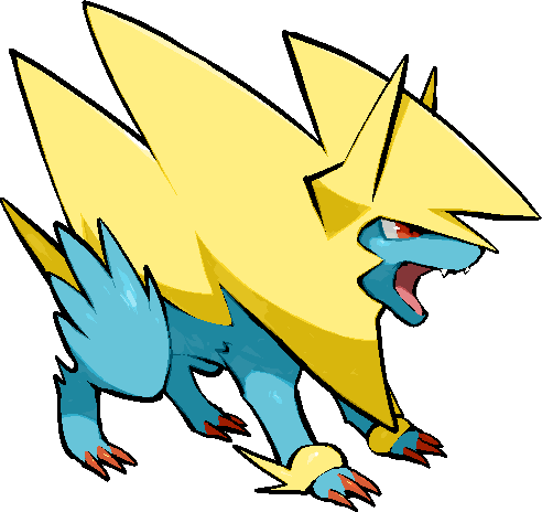 kawaanago, manectric, mega manectric, nintendo, pokemon, commentary request, lowres, animal focus, claws, fangs, full body, gen 3 pokemon, mega pokemon, no humans, open mouth, pokemon (creature), pokemon focus, red eyes, solo, transparent background