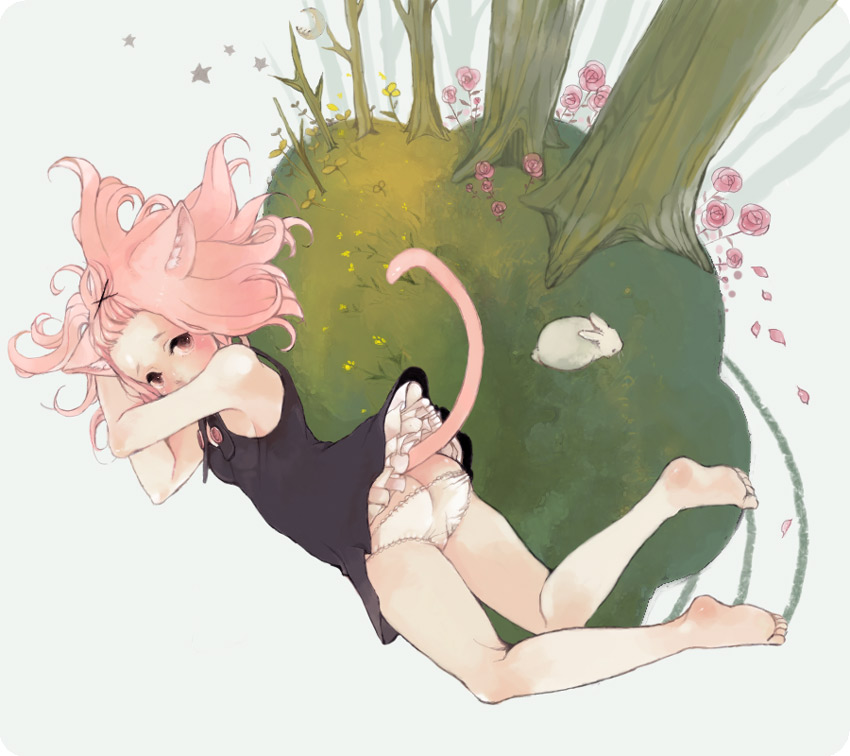 nekosuke (oxo), bad id, bad pixiv id, animal, animal ears, barefoot, feet, flat chest, flower, long hair, moon, panties, pink hair, solo, star (symbol), tail, tree, underwear