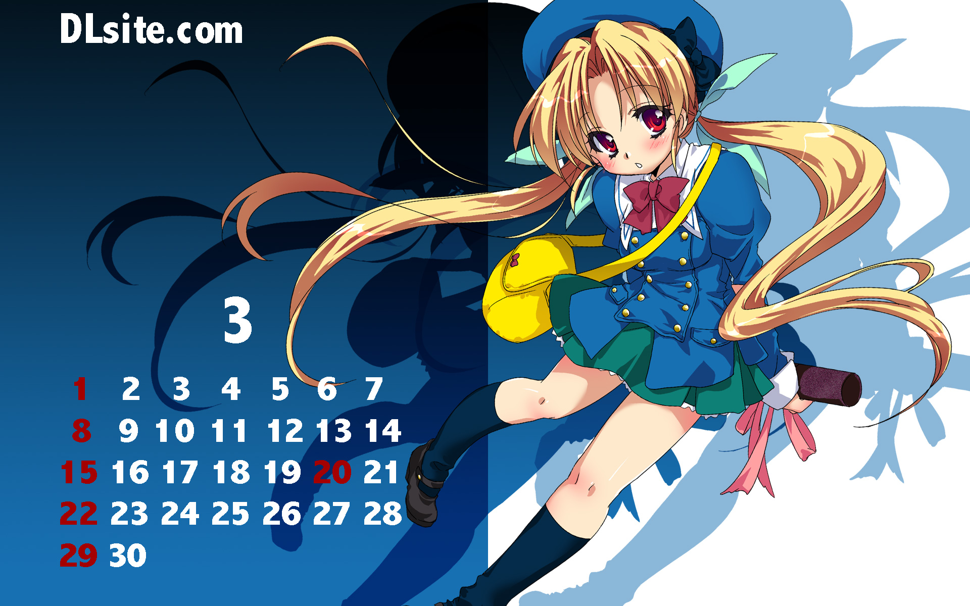 malino (dream maker), premium-chan, dlsite.com, highres, 1girl, bag, blonde hair, calendar, female focus, hat, kneehighs, long hair, ribbon, school uniform, socks, solo, twintails