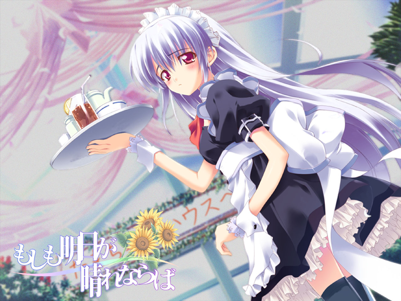 kusukusu, minatogawa tamami, moshimo ashita ga hare naraba, non-web source, blush, dutch angle, lingerie, long hair, maid, maid headdress, petticoat, red eyes, solo, thighhighs, tray, underwear, waitress, white hair, wrist cuffs