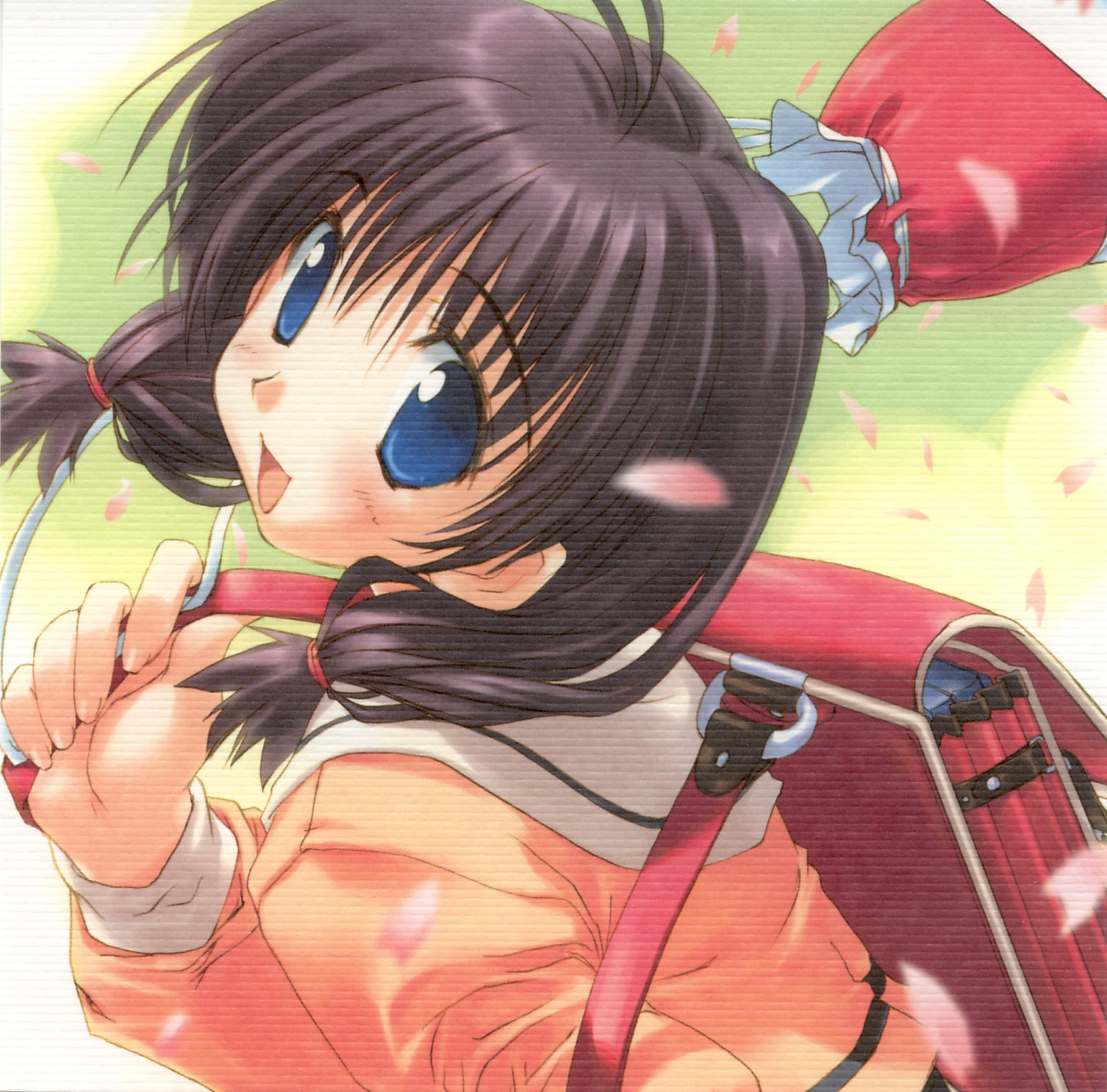 amazuyu tatsuki, highres, non-web source, scan, 1girl, backpack, bag, black hair, blue eyes, female focus, long hair, open mouth, randoseru, solo