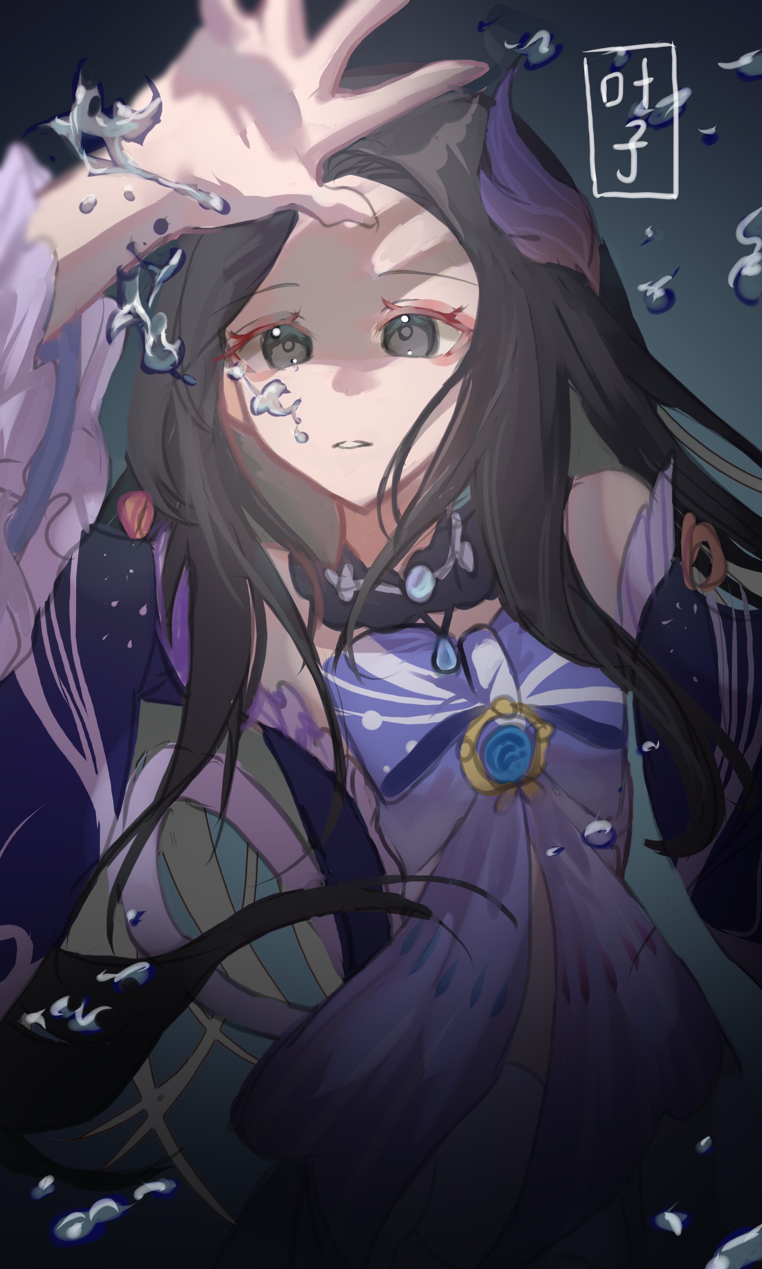 kanako (fuwachu), sangonomiya kokomi, genshin impact, absurdres, commentary, english commentary, highres, 1girl, animification, arm up, bare shoulders, bow, brown eyes, brown hair, bubble, choker, cosplay, detached sleeves, dress, english text, frilled sleeves, frills, hair ornament, japanese clothes, lace-trimmed choker, lace trim, long hair, long sleeves, looking at viewer, parted lips, risa mei, sangonomiya kokomi (cosplay), shadow, sidelocks, solo, underwater, very long hair, voice actor, voice actor connection, wide sleeves