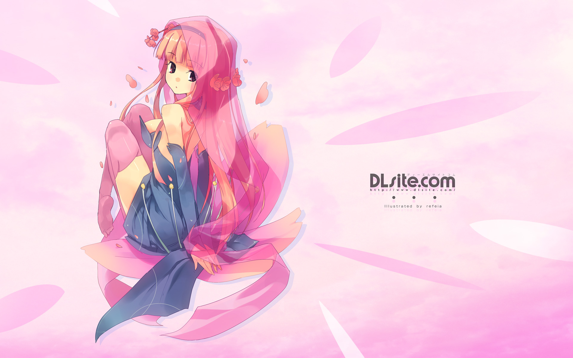 refeia, dille blood, dlsite.com, highres, 1girl, elbow gloves, female focus, flower, gloves, hairband, long hair, pink hair, solo, thighhighs, veil