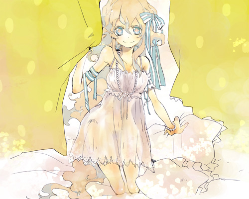 harikamo, nia teppelin, tengen toppa gurren lagann, lowres, 00s, 1girl, beads, bow, female focus, lingerie, multicolored hair, nightgown, pillow, sleepwear, smile, soft colors, solo, underwear