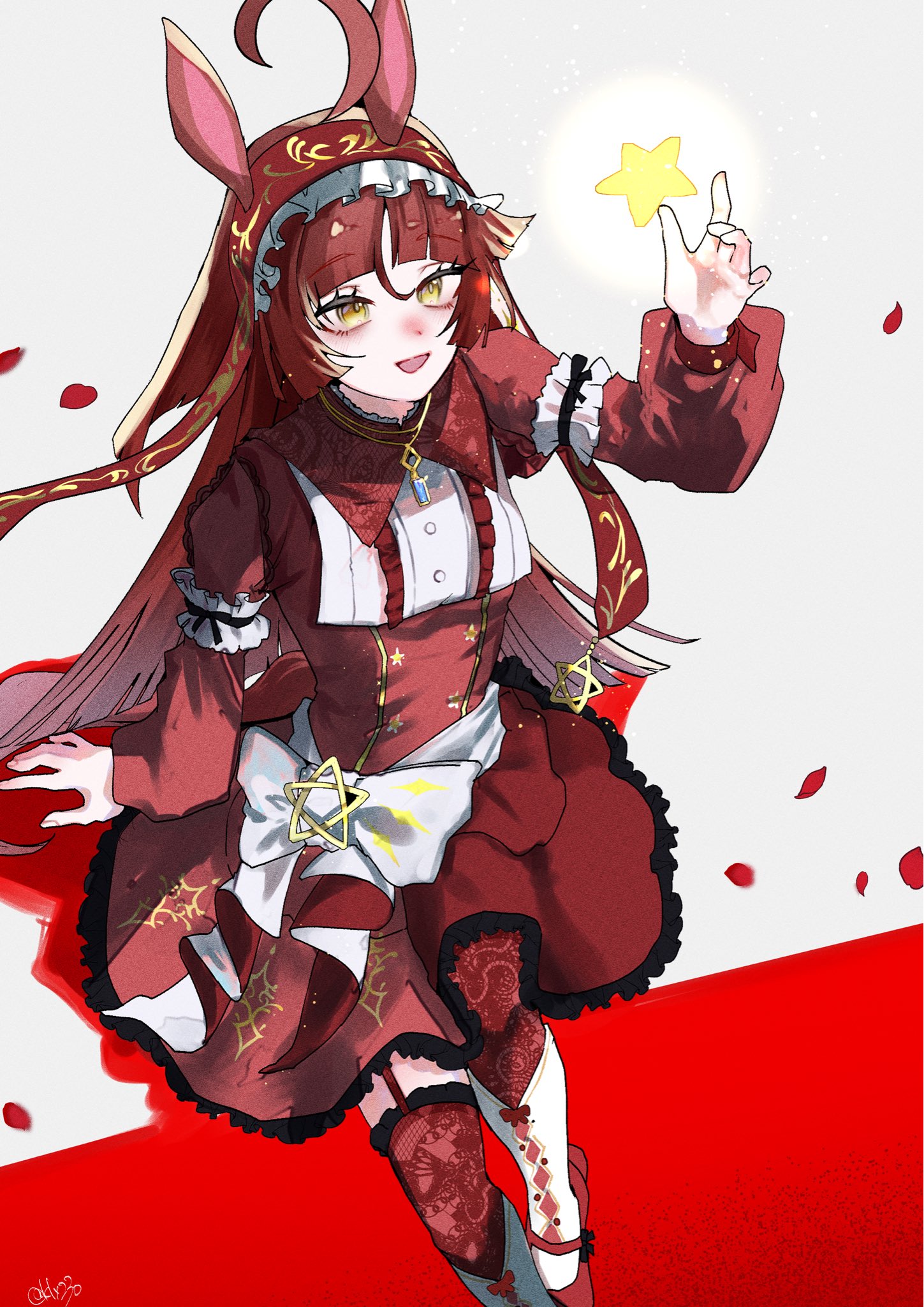 tsukasa (klx230), red desire (umamusume), umamusume, highres, 1girl, ahoge, animal ears, arm up, armband, blunt bangs, blunt ends, breasts, dress, frilled armband, frilled dress, frilled hairband, frills, garter straps, hairband, horse ears, horse girl, jewelry, long hair, long sleeves, necklace, parted lips, red dress, red hair, red hairband, red shoes, red thighhighs, shoes, small breasts, smile, socks, solo, star (symbol), thighhighs, very long hair, white socks, yellow eyes