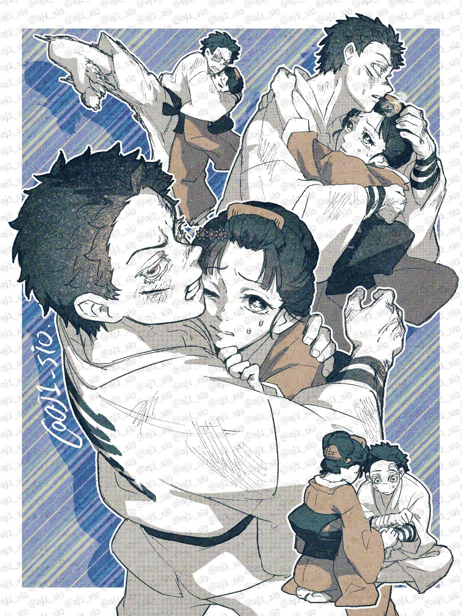 hakuji (kimetsu no yaiba), koyuki (kimetsu no yaiba), kimetsu no yaiba, highres, 1boy, 1girl, aj1 si0, arms around neck, bandage on forehead, bandaged arm, bandages, black hair, border, clenched teeth, comb, couple, facial scar, furrowed brow, hair bun, hand on another's head, hetero, high kick, hug, japanese clothes, kicking, kimono, kneeling, one eye closed, parted bangs, parted lips, protecting, scar, scar on cheek, scar on face, short hair, sweatdrop, teeth, twitter username, updo, white border, white dougi