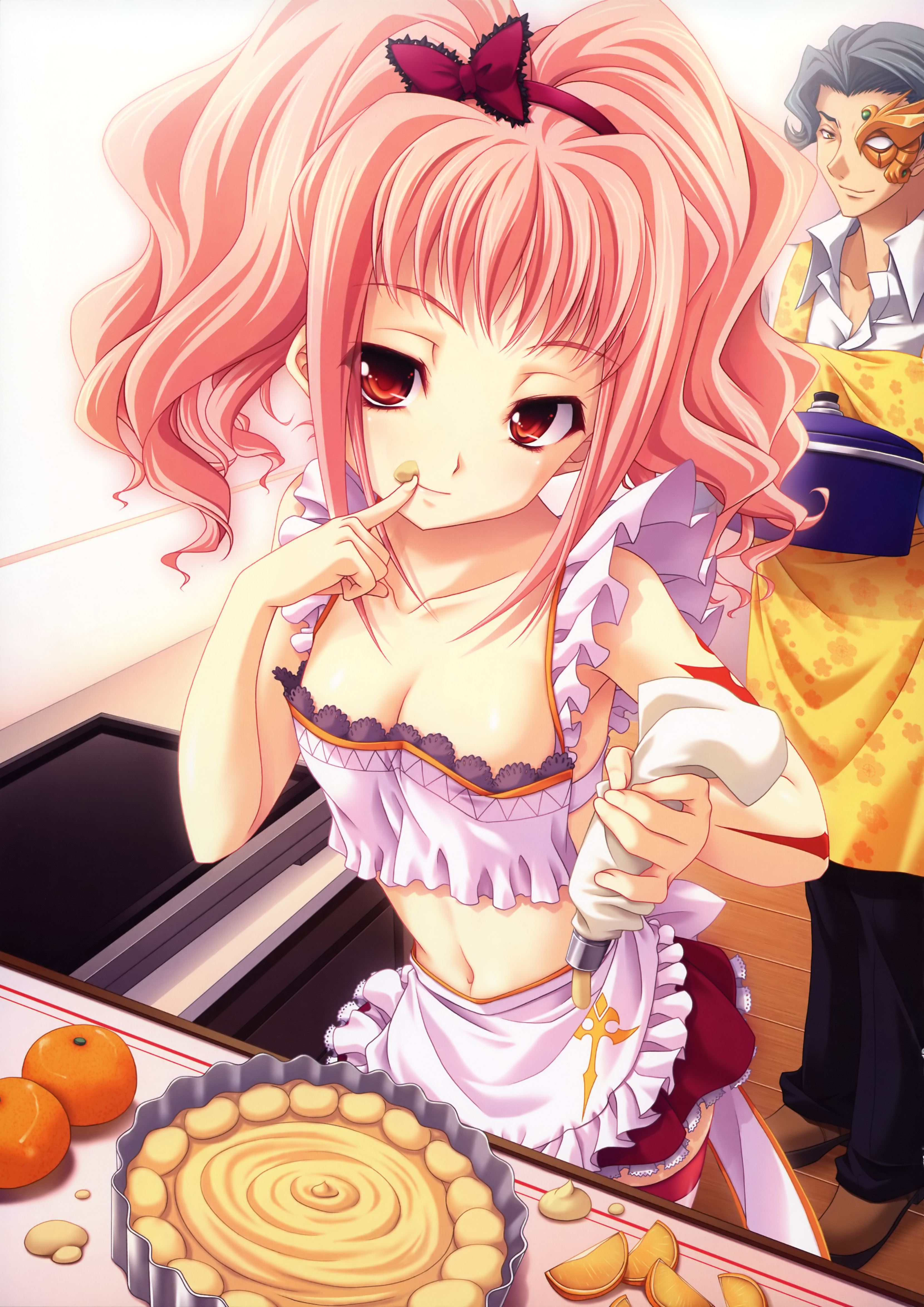 miyama-zero, anya alstreim, jeremiah gottwald, code geass, code geass heroine tribute, absurdres, highres, 00s, 1boy, 1girl, apron, breasts, cleavage, collarbone, finger to mouth, food, fruit, icing, midriff, navel, orange (fruit), pastry bag, pink hair, red eyes, thighhighs