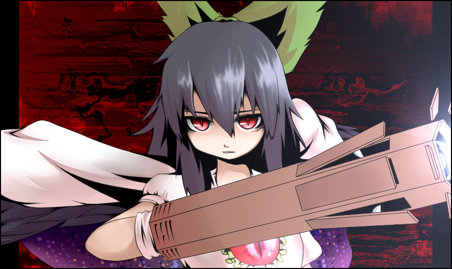 ibuki notsu, reiuji utsuho, touhou, bad id, bad pixiv id, 1girl, arm cannon, black hair, bow, female focus, hair bow, long hair, red eyes, solo, upper body, weapon, wings