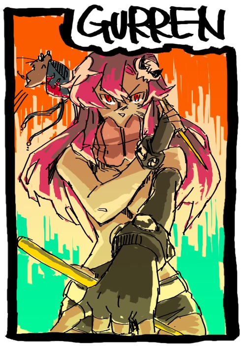 boota (ttgl), fighter, yoko littner, tengen toppa gurren lagann, 00s, 1girl, belt, bikini, bikini top only, female focus, fingerless gloves, gloves, hair down, hair ornament, long hair, red eyes, red hair, scarf, shorts, solo, swimsuit, topless female, very long hair