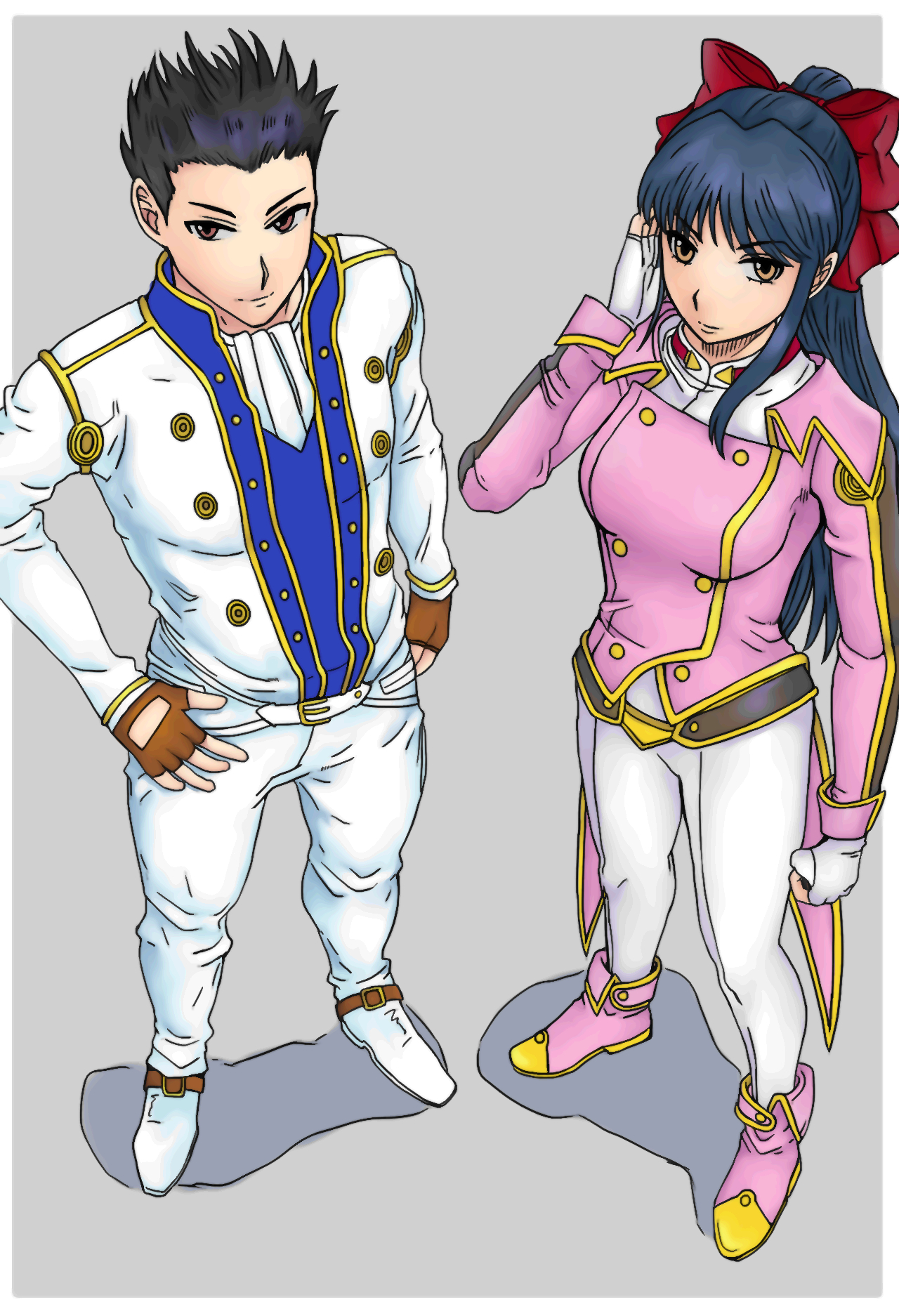 oogami ichirou, shinguuji sakura, sakura taisen, sega, highres, 1boy, 1girl, black hair, blue hair, boots, bow, brown eyes, clenched hand, feet, fingerless gloves, from above, gloves, hair ribbon, hand on own face, hand on own hip, legs, lips, long hair, looking at viewer, military uniform, pointy hair, ponytail, red bow, ribbon, smile, thighs