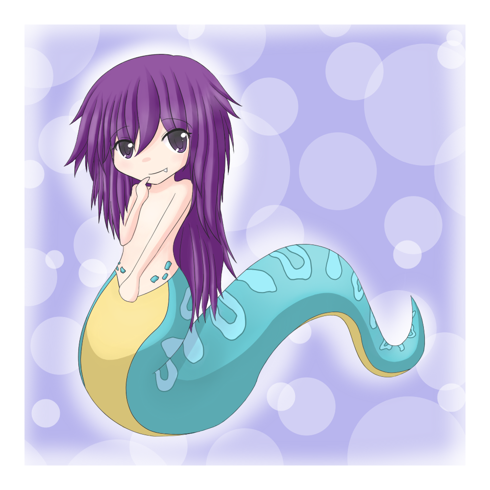 jcdr, felarya, 1girl, chibi, fang, female focus, lamia, long hair, looking at viewer, monster girl, purple eyes, purple hair, smile, solo