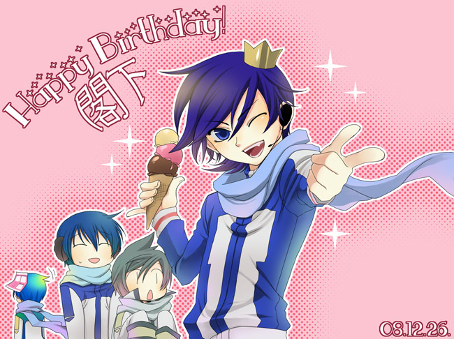 chori (niisan), tyotori, kaiko (vocaloid), kaito (vocaloid), kamaito, nigaito, vocaloid, bad id, bad pixiv id, 4boys, blue eyes, blue hair, blue scarf, crown, dated, food, genderswap, genderswap (ftm), genderswap (mtf), happy birthday, ice cream, male focus, multiple boys, one eye closed, scarf, short hair, wink