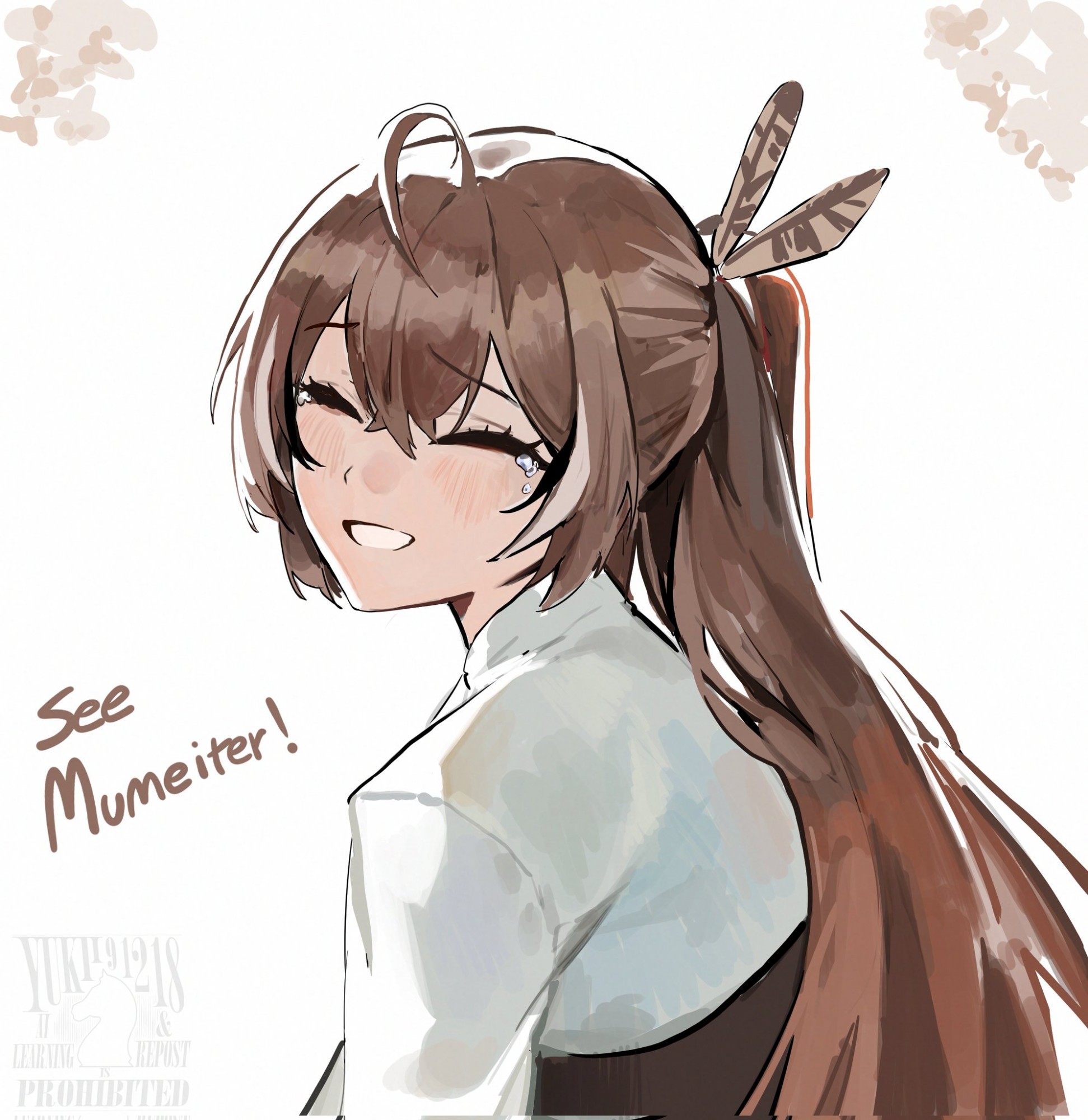 yukii91218, nanashi mumei, nanashi mumei (1st costume), hololive, hololive english, highres, 1girl, brown corset, closed eyes, closed mouth, corset, crying, feather hair ornament, feathers, hair ornament, happy tears, long hair, multicolored hair, streaked hair, streaming tears, teardrop, tears, virtual youtuber