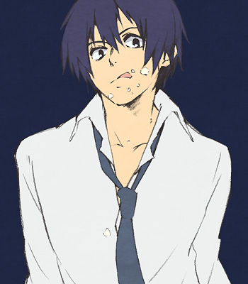 akutsu (yuumi), simon (ttgl), tengen toppa gurren lagann, lowres, 00s, 1boy, blue background, cake, dress shirt, food, licking, male focus, necktie, sexually suggestive, shirt, solo, tongue