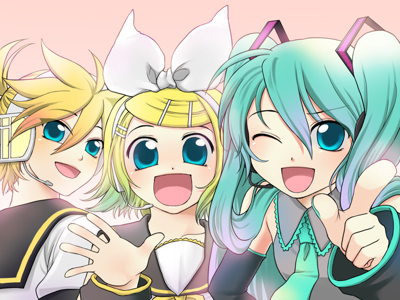 chori (niisan), tyotori, hatsune miku, kagamine len, kagamine rin, vocaloid, bad id, bad pixiv id, 1boy, 2girls, blonde hair, blue eyes, bow, green hair, hair bow, hair ornament, hairclip, headset, long hair, multiple girls, necktie, one eye closed, short hair, twintails, wink