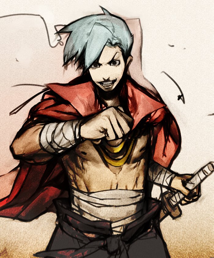 match (idleslumber), kamina (ttgl), tengen toppa gurren lagann, bad id, bad pixiv id, 00s, 1boy, bandages, blue hair, cape, male focus, sarashi, solo, sword, weapon