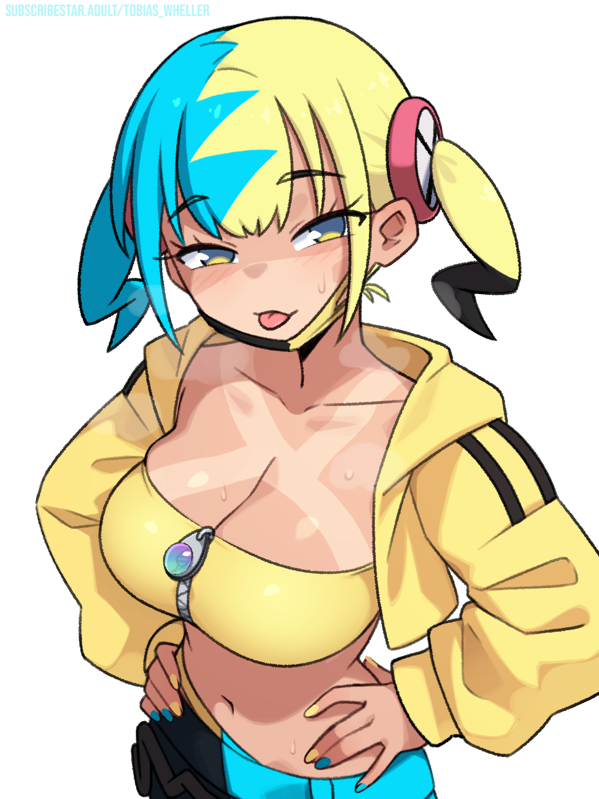 tobias wheller, canari (pokemon), nintendo, pokemon, pokemon legends: z-a, commentary, english commentary, highres, paid reward available, 1girl, :p, black hair, black mask, black pants, blonde hair, blue hair, blue nails, blue pants, blush, breasts, jacket, long sleeves, looking at viewer, mask, mask pull, medium breasts, mouth mask, multicolored hair, multicolored nails, nail polish, navel, pants, short twintails, simple background, solo, sports bra, steaming body, sweat, tan, tanline, tongue, tongue out, twintails, two-tone pants, white background, yellow jacket, yellow nails, yellow sports bra