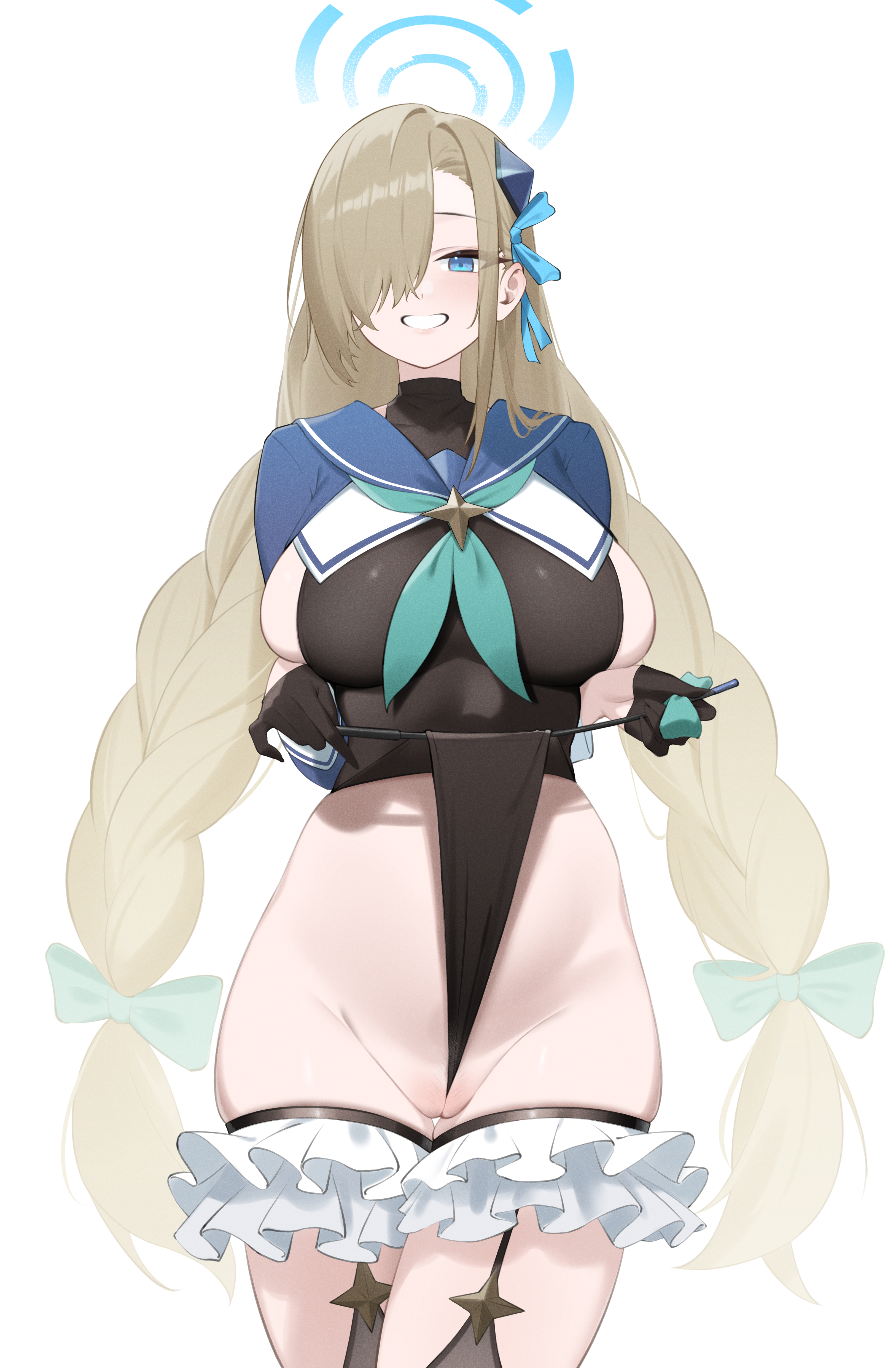dongye1551, asuna (blue archive), shimiko (blue archive), shimiko (magical) (blue archive), blue archive, absurdres, highres, 1girl, black leotard, black thighhighs, blonde hair, blue eyes, blue halo, blue sailor collar, blue shrug, blush, braid, breasts, cleft of venus, cosplay, frilled thigh strap, frontal wedgie, green neckerchief, grin, groin, hair ornament, hair over one eye, hair ribbon, halo, heattech leotard, highleg, highleg leotard, holding, holding riding crop, leotard, leotard pull, long hair, looking at viewer, neckerchief, pubic hair, pussy, ribbon, riding crop, sailor collar, self wedgie, shimiko (blue archive) (cosplay), shrug (clothing), sideboob, smile, solo, sparse pubic hair, thigh strap, thighhighs, thighs, turtleneck, twin braids, very long hair, wedgie