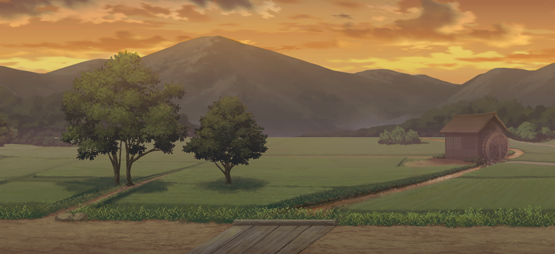 touhou, touhou gensou eclipse, game cg, non-web source, official art, bridge, cloud, day, field, grass, hut, mountain, no humans, orange sky, outdoors, path, road, scenery, sky, stream, tree, water wheel, wooden bridge