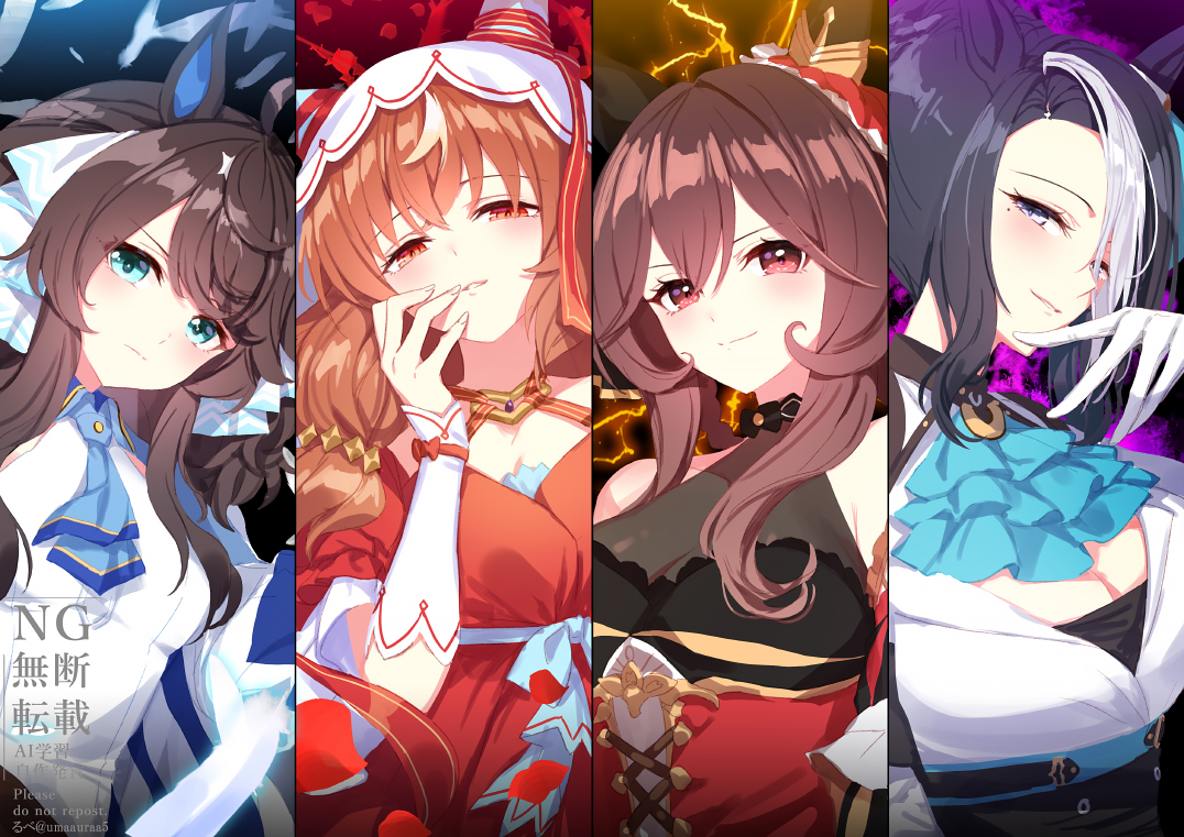 romi (346 ura), daring tact (umamusume), gentildonna (umamusume), mejiro ramonu (umamusume), still in love (umamusume), umamusume, commentary request, 4girls, animal ears, aura, black hair, blue eyes, blush, breasts, brown hair, detached sleeves, flower, hair between eyes, hair ornament, horse ears, horse girl, large breasts, long hair, mole, mole under eye, multiple girls, purple eyes, red eyes, small breasts, smile, triple tiara (umamusume), veil, watermark