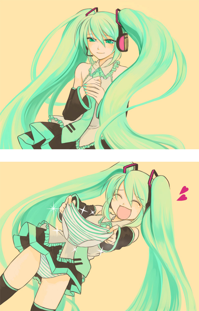 chori (niisan), tyotori, hatsune miku, vocaloid, bad id, bad pixiv id, 1girl, closed eyes, green eyes, green hair, green nails, headset, long hair, nail polish, necktie, panties, skirt, striped clothes, striped panties, thighhighs, twintails, underwear, very long hair