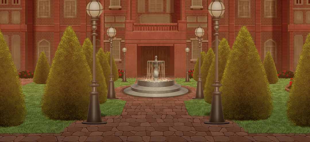 touhou, touhou gensou eclipse, game cg, non-web source, official art, balcony, bush, door, flower, fountain, garden, lamppost, mansion, no humans, open mouth, path, red flower, road, scarlet devil mansion, scenery, topiary, tree, twilight, window