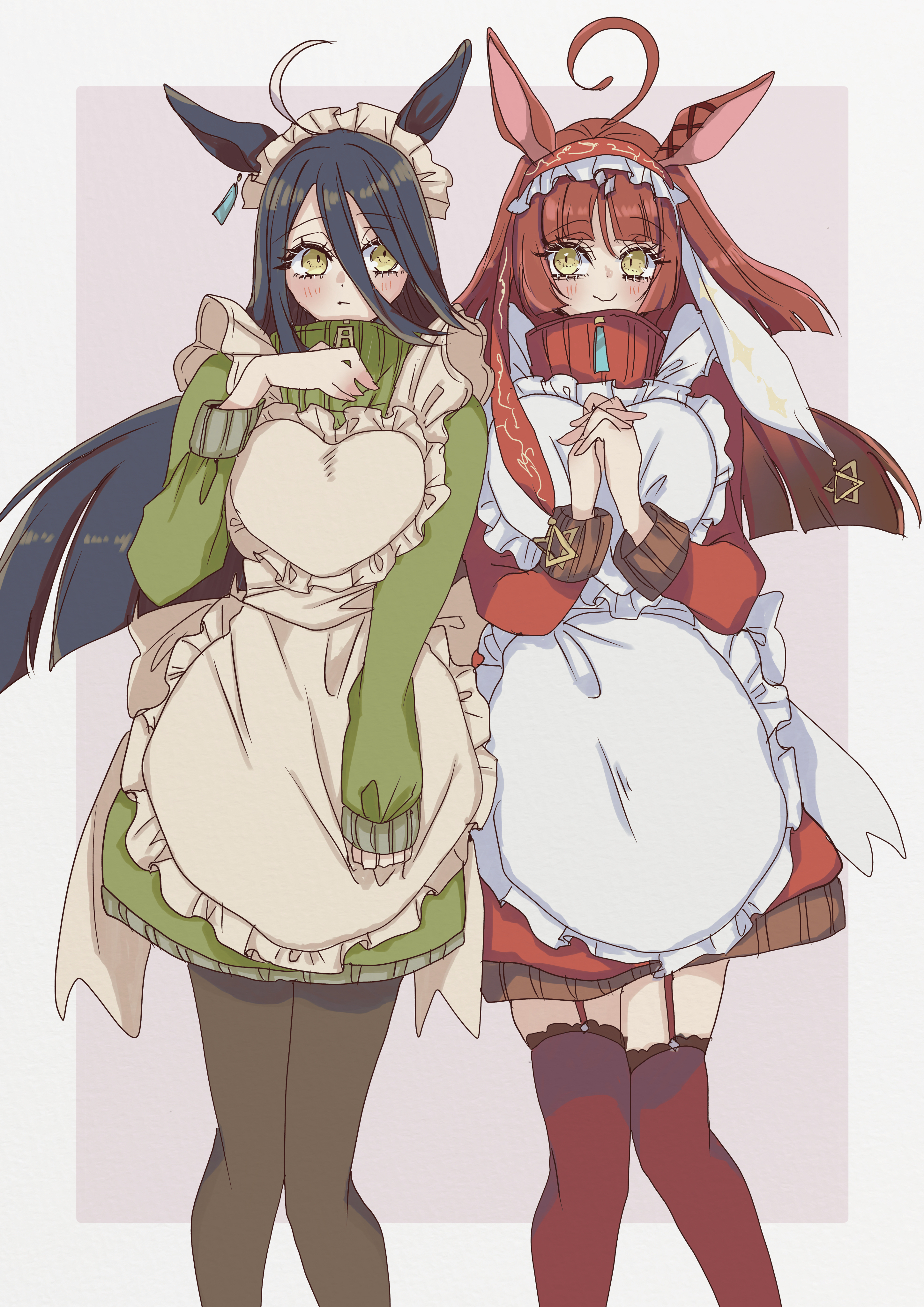 rinren (chun8chun8chun), manhattan cafe (umamusume), red desire (umamusume), umamusume, absurdres, highres, 2girls, ahoge, animal ears, apron, black hair, black pantyhose, black thighhighs, blunt bangs, blunt ends, blush, closed mouth, ear ornament, ear tag, earrings, frilled apron, frilled hairband, frills, garter straps, green jacket, hairband, hand on own chest, horse ears, horse girl, jacket, jersey maid, jewelry, long hair, long sleeves, looking at another, maid, maid headdress, multicolored hair, multiple girls, own hands clasped, own hands together, pantyhose, red hair, red hairband, red jacket, single earring, sleeves past wrists, smile, thighhighs, track jacket, unconventional maid, very long hair, white apron, white hair, yellow eyes, zipper