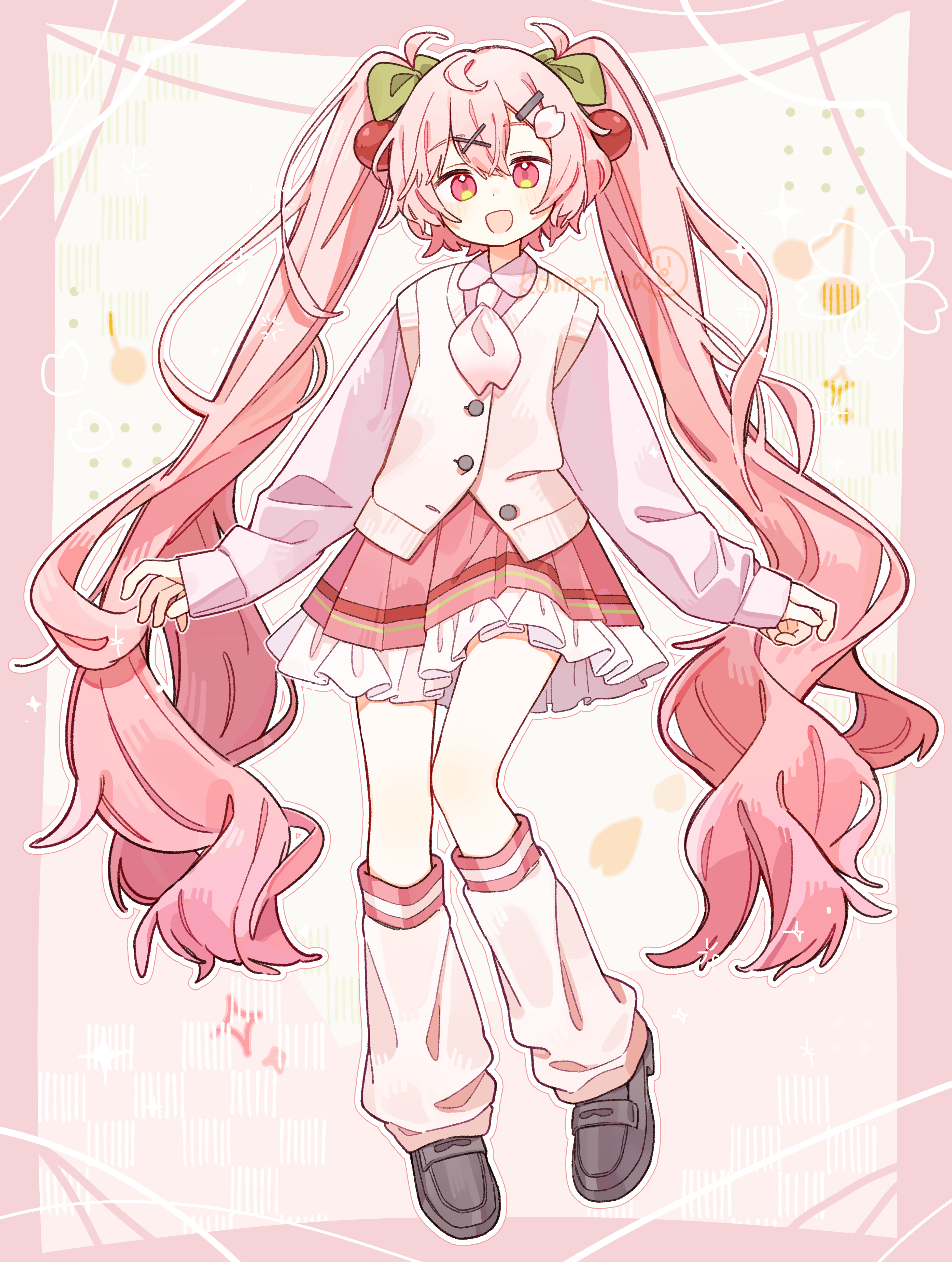komerina, hatsune miku, sakura miku, vocaloid, absurdres, commentary, highres, 1girl, :d, a-pose, artist name, black shoes, bow, cherry, cherry blossoms, cherry hair ornament, collared shirt, dot nose, food, food-themed hair ornament, frilled skirt, frills, fruit, full body, green bow, hair between eyes, hair bow, hair ornament, hairclip, high-waist skirt, kneehighs, light blush, loafers, long hair, long sleeves, looking at viewer, necktie, open mouth, partially unbuttoned, pink background, pink eyes, pink hair, pink necktie, pink shirt, pink skirt, pink socks, pink theme, pleated skirt, shirt, shoes, short necktie, sidelocks, skirt, sleeves past wrists, smile, socks, solo, standing, star (symbol), sweater vest, twintails, very long hair, white sweater vest, white trim, x hair ornament