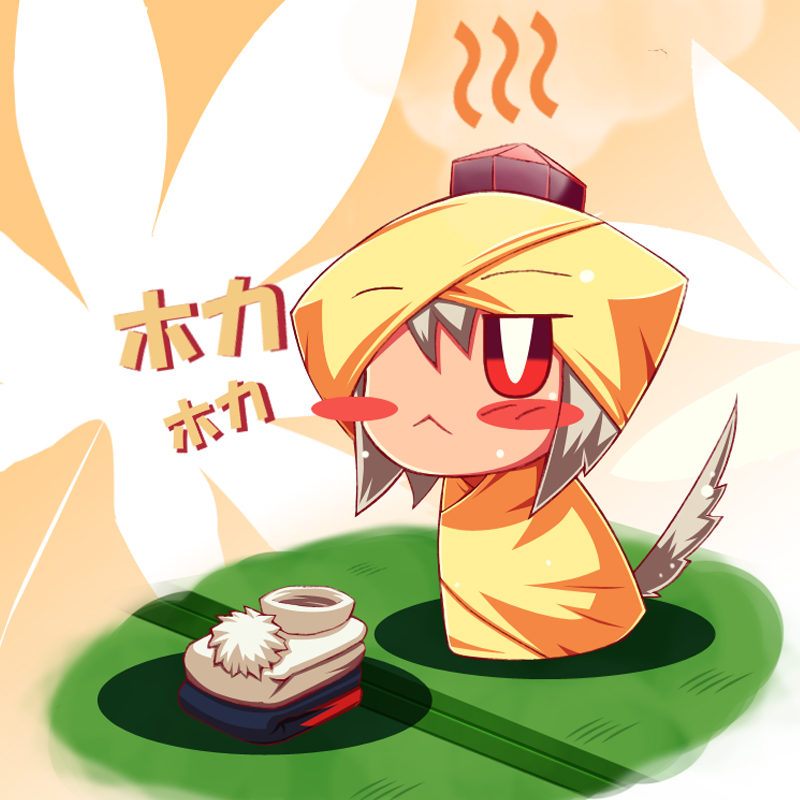 raion-san, inubashiri momiji, touhou, silver hair, 1girl, animal ears, blush, chibi, female focus, full body, hat, indoors, red eyes, solo, tail