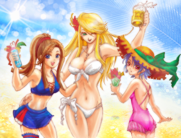 dragonrose, carrie fernandez, charlotte aulin, yoko belnades, castlevania: aria of sorrow, castlevania: dawn of sorrow, castlevania: legacy of darkness, castlevania: portrait of ruin, castlevania (series), bad id, bad pixiv id, 3girls, :d, :o, ;d, alcohol, armpits, back, backless outfit, bare back, bare shoulders, beach, beer, bikini, blonde hair, blue eyes, blue hair, bow, breasts, brown hair, casual one-piece swimsuit, cleavage, cocktail, cross, cross necklace, crossover, cup, day, drink, earrings, flat chest, flower, frilled thigh strap, frills, front-tie top, green eyes, hair flower, hair ornament, happy, hat, hoop earrings, hug, jewelry, laces, large breasts, long hair, looking back, lowleg, lowleg bikini, midriff, mug, multiple girls, navel, necklace, one-piece swimsuit, one eye closed, open mouth, outdoors, ponytail, red eyes, rosary, short hair, side-tie bikini bottom, skirt, sky, smile, standing, straw hat, sun, swimsuit, tankini, thigh strap, white bikini, wink