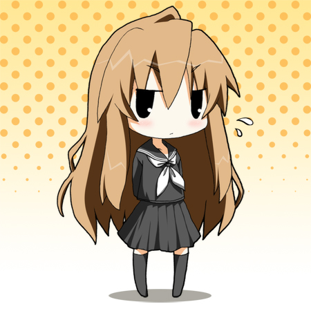 kohinata sora, aisaka taiga, toradora!, lowres, 00s, 1girl, black serafuku, brown hair, chibi, female focus, long hair, neckerchief, school uniform, serafuku, solo, thighhighs, white neckerchief