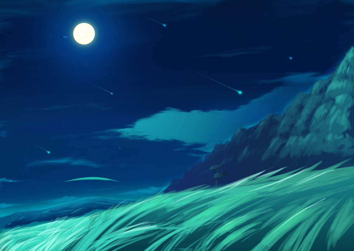 raion-san, full moon, grass, moon, scenery, shooting star, sky