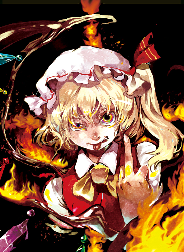 cis (carcharias), flandre scarlet, touhou, bad id, bad pixiv id, 1girl, :p, angry, blonde hair, female focus, fire, hat, middle finger, multicolored eyes, ponytail, solo, tongue, tongue out, wings