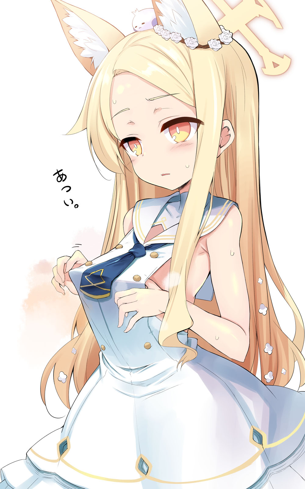 sen (astronomy), seia (blue archive), blue archive, highres, translated, 1girl, animal ear fluff, animal ears, bare shoulders, blonde hair, blue necktie, blush, bow, breasts, bright pupils, buttons, detached sleeves, dress, extra ears, eyelashes, forehead, fox ears, fox girl, halo, hot, long hair, multicolored eyes, necktie, open mouth, sailor collar, sailor dress, school uniform, sidelocks, sleeveless, sleeveless dress, small breasts, solo, straight hair, sweat, two-tone eyes, very long hair, white bow, white dress, white pupils, white sailor collar, yellow eyes, yellow halo