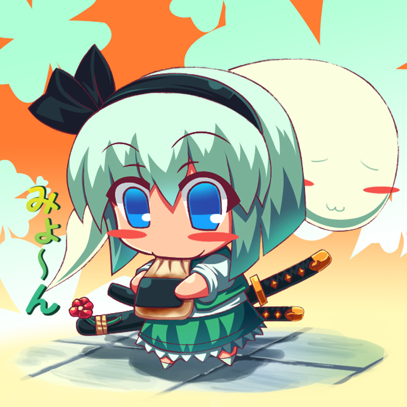 raion-san, konpaku youmu, konpaku youmu (ghost), touhou, silver hair, translated, 1girl, :3, blue eyes, blush, blush stickers, bob cut, chibi, closed eyes, eating, female focus, flower, food, green hair, hitodama, katana, mochi, ribbon, sheath, sheathed, solo, sword, tiles, wagashi, weapon
