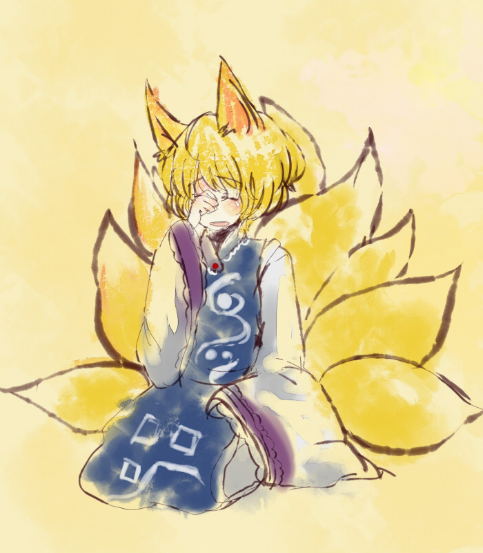 chiri (o9o9), yakumo ran, touhou, 1girl, animal ears, blonde hair, female focus, fine art parody, fox ears, fox tail, kitsune, kyuubi, long sleeves, multiple tails, nihonga, no headwear, parody, short hair, solo, sumi-e, tail, tears, wide sleeves, yellow background