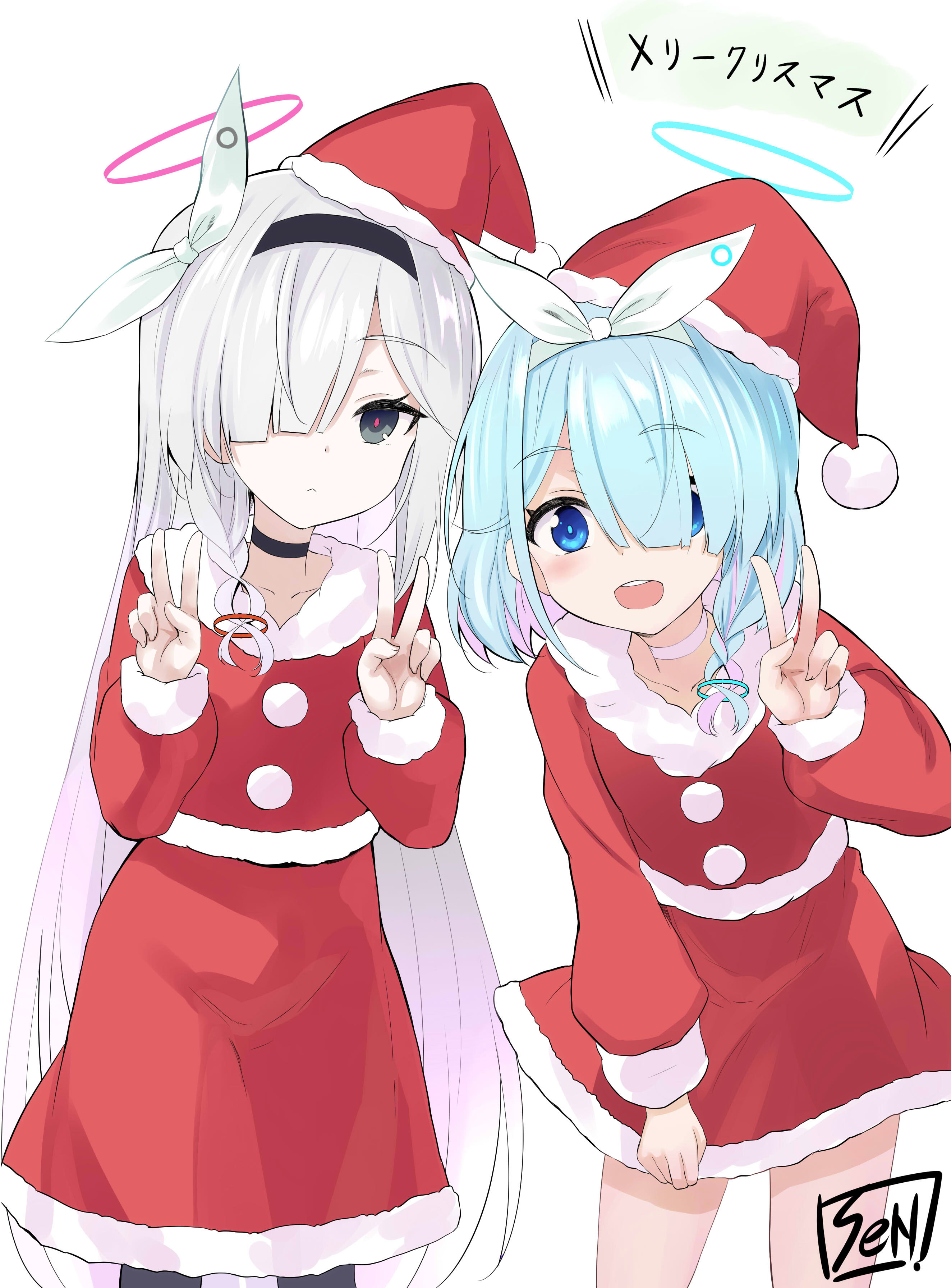 sen (astronomy), arona (blue archive), plana (blue archive), blue archive, absurdres, highres, translation request, 2girls, black hairband, black pantyhose, blue eyes, blue hair, blush, bow hairband, braid, breasts, choker, colored inner hair, dress, fur-trimmed headwear, fur trim, grey eyes, hair over one eye, hairband, halo, hat, long hair, long sleeves, looking at viewer, multicolored hair, multiple girls, open mouth, pantyhose, pink hair, red dress, red hat, santa hat, short hair, side braid, small breasts, smile, thighs, very long hair, white hair, white hairband