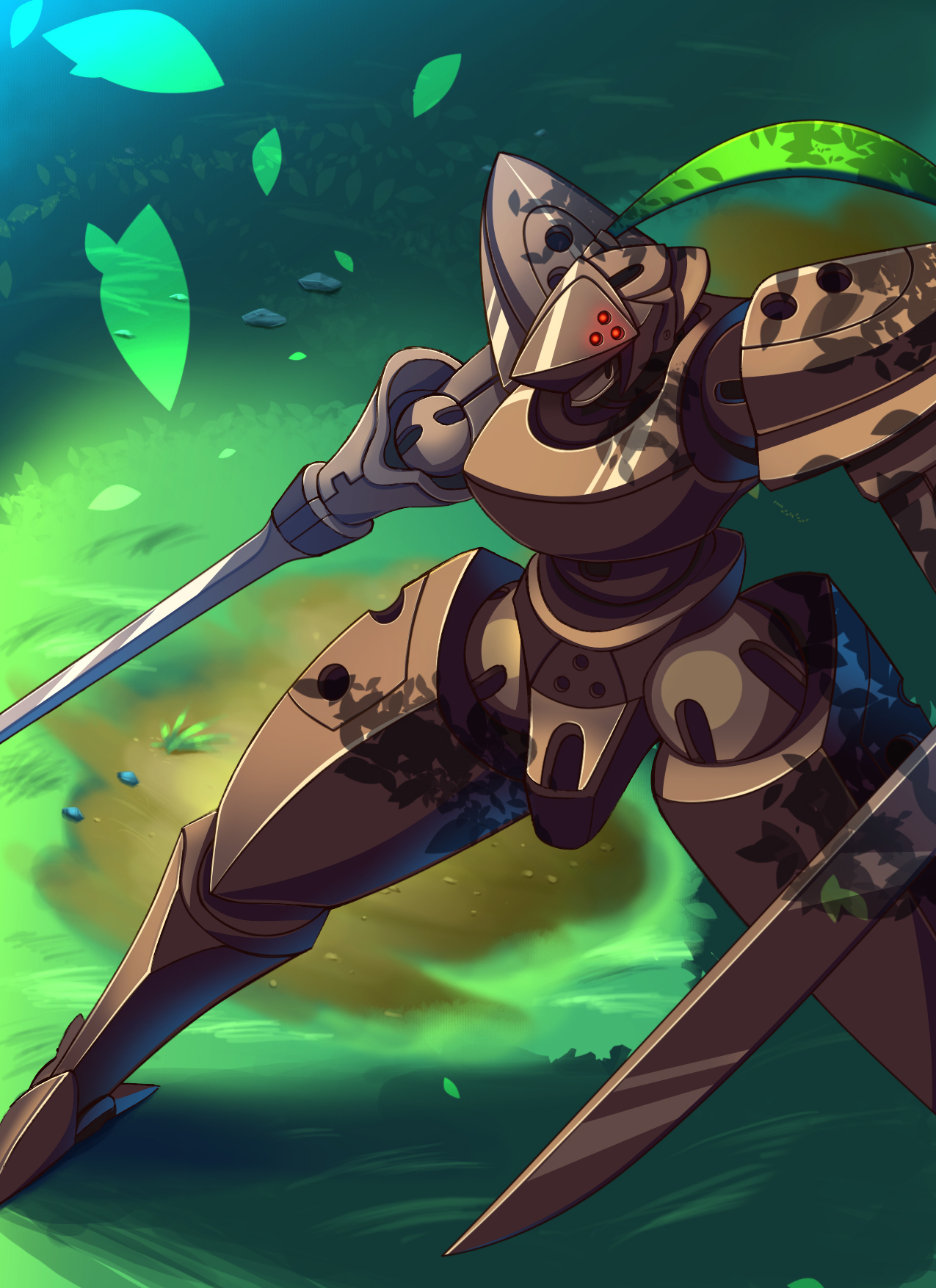raion-san, highres, tagme, grass, mecha, no humans, robot, sword, weapon