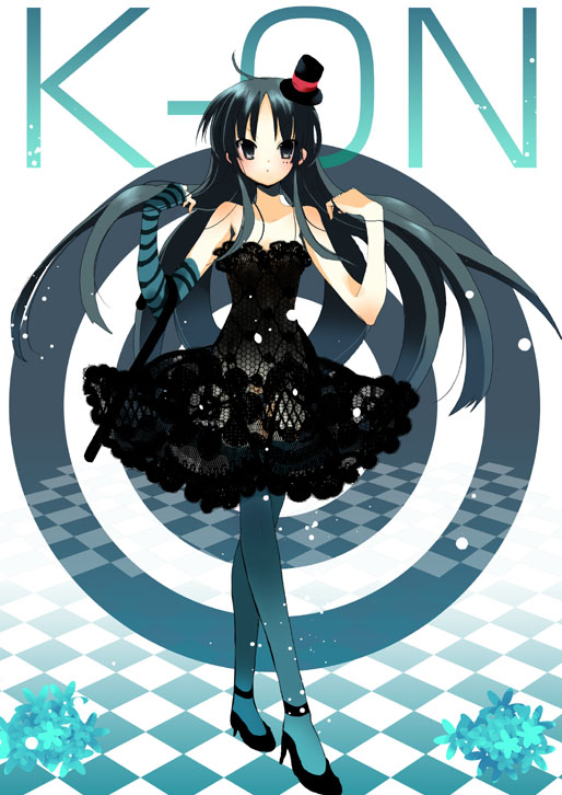 hatakenaka, mizushima sorahiko, akiyama mio, don't say "lazy", k-on!, 00s, 1girl, black eyes, black hair, blue pantyhose, cane, dress, female focus, fingerless gloves, gloves, hat, long hair, mini hat, mini top hat, pantyhose, solo, top hat