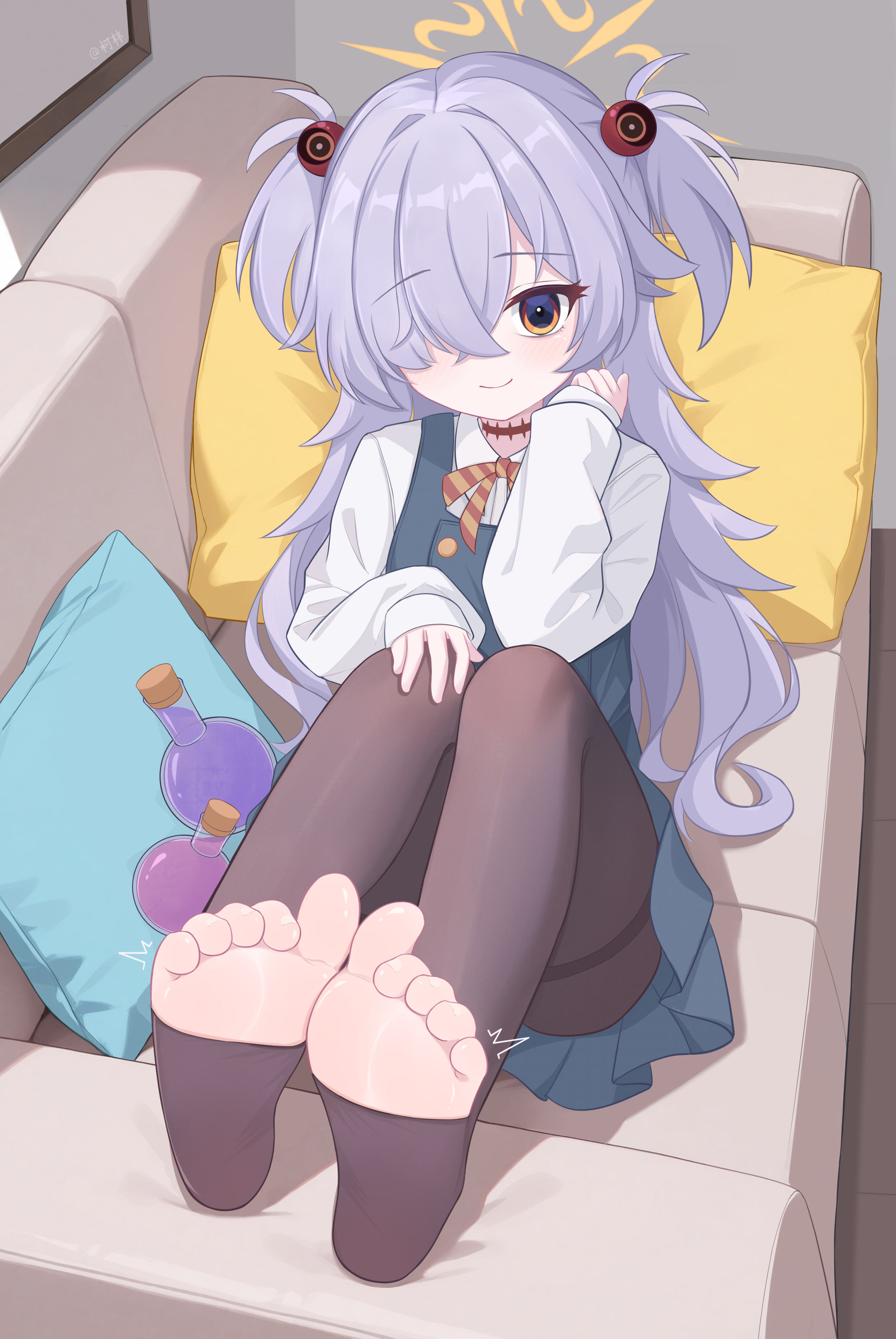 eugenecolin, kanoe (blue archive), blue archive, absurdres, chinese commentary, commentary request, highres, paid reward available, variant set, 1girl, artist name, barefoot, black eyes, black pantyhose, blush, bright pupils, brown eyes, brown ribbon, closed mouth, collared shirt, convenient leg, couch, crossed bangs, dress, dutch angle, eyeball hair ornament, eyelashes, feet, flask, foot focus, full body, grey hair, hair intakes, hair over one eye, halo, hand on own knee, hands up, knees up, long bangs, long hair, looking at viewer, multicolored eyes, neck ribbon, on couch, one eye covered, orange halo, pantyhose, pillow, pinafore dress, ribbon, round-bottom flask, school uniform, shirt, sitting, sleeveless, sleeveless dress, sleeves past wrists, smile, soles, solo, thighband pantyhose, toeless legwear, toes, two-tone eyes, two side up, very long hair, white pupils, white shirt