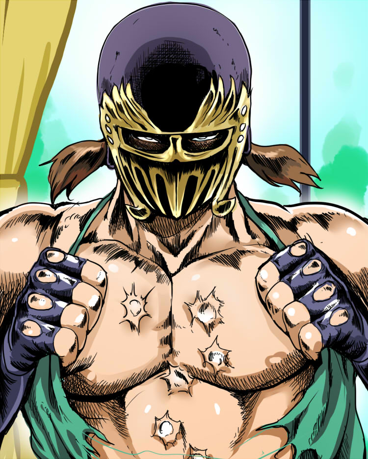 nakasone haiji, hinako (issho ni training), jagi, hokuto no ken, issho ni training, bad id, bad pixiv id, 1boy, brown hair, fingerless gloves, genderswap, genderswap (ftm), gloves, hara tetsuo (style), male focus, manlification, manly, mask, muscular, open clothes, open shirt, parody, say my name, shirt, solo, style parody, torn clothes, twintails