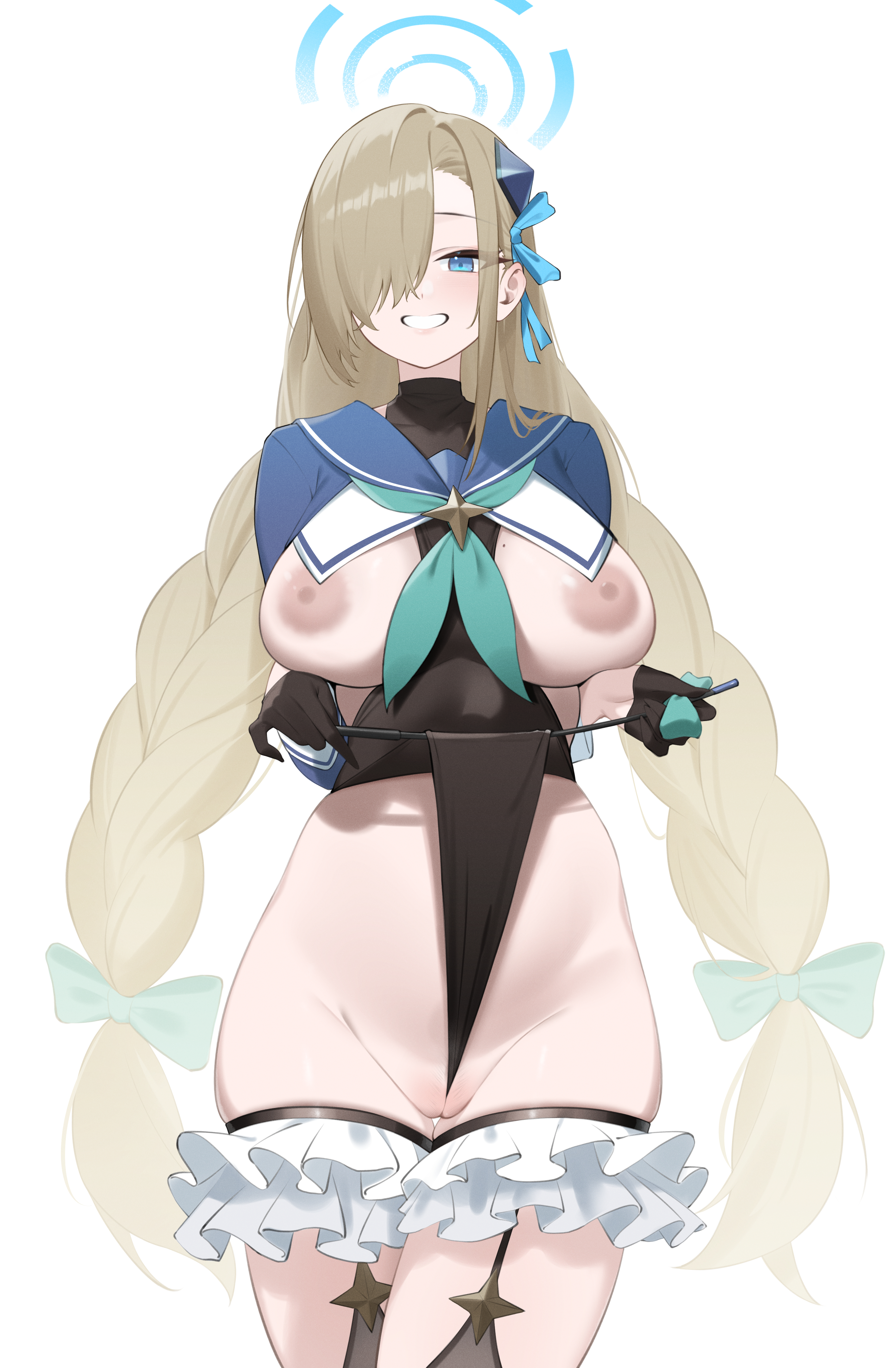 dongye1551, asuna (blue archive), shimiko (blue archive), shimiko (magical) (blue archive), blue archive, absurdres, highres, 1girl, between breasts, black leotard, black thighhighs, blonde hair, blue eyes, blue halo, blue sailor collar, blue shrug, blush, braid, breasts, breasts out, cleft of venus, clothes between breasts, cosplay, frilled thigh strap, frontal wedgie, green neckerchief, grin, groin, hair ornament, hair over one eye, hair ribbon, halo, heattech leotard, highleg, highleg leotard, holding, holding riding crop, leotard, leotard pull, long hair, looking at viewer, neckerchief, nipples, pubic hair, pussy, ribbon, riding crop, sailor collar, self wedgie, shimiko (blue archive) (cosplay), shrug (clothing), smile, solo, sparse pubic hair, thigh strap, thighhighs, thighs, turtleneck, twin braids, very long hair, wedgie