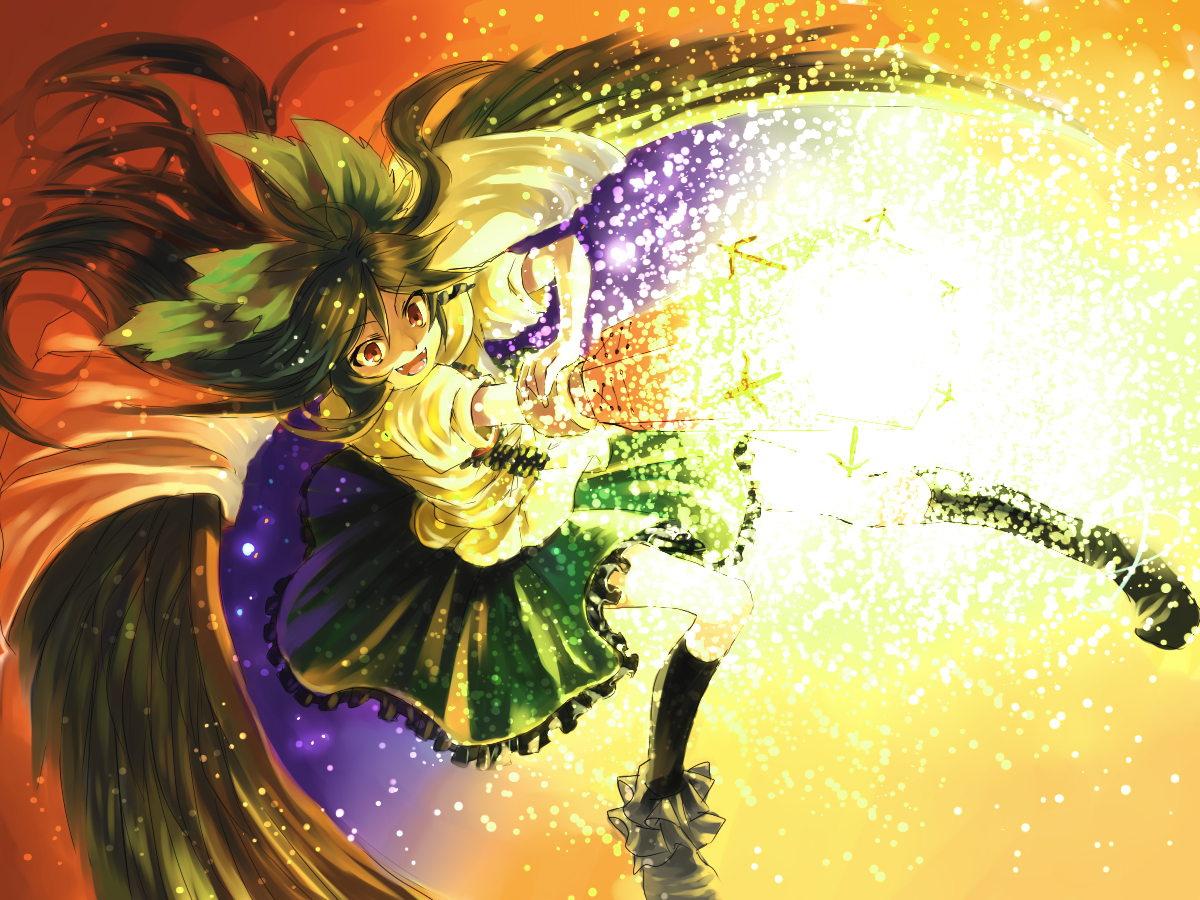abaraya, mizutsuki, reiuji utsuho, touhou, bad id, bad pixiv id, 1girl, arm cannon, black hair, bow, female focus, gradient background, hair bow, long hair, red eyes, skirt, solo, weapon, wings